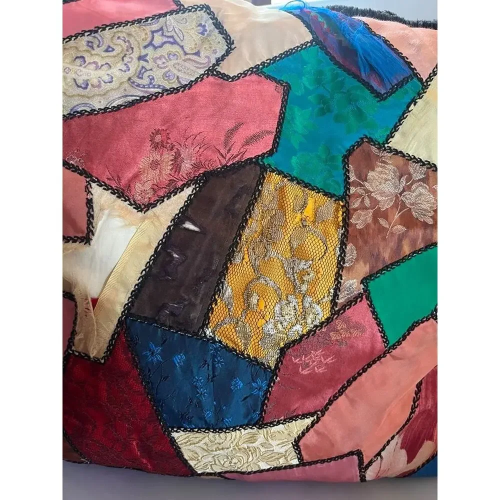 Old Patchwork Crazy Quilt Fabric Throw Pillow Handmade Victorian Style